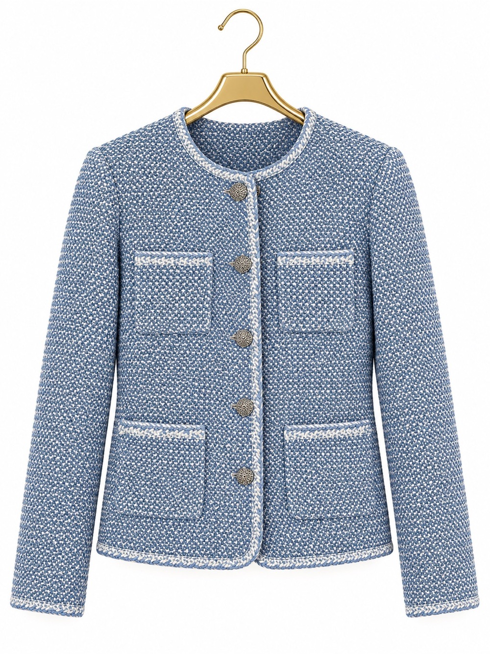 Classic Light Blue Tweed Bouclé Jacket with White Trim